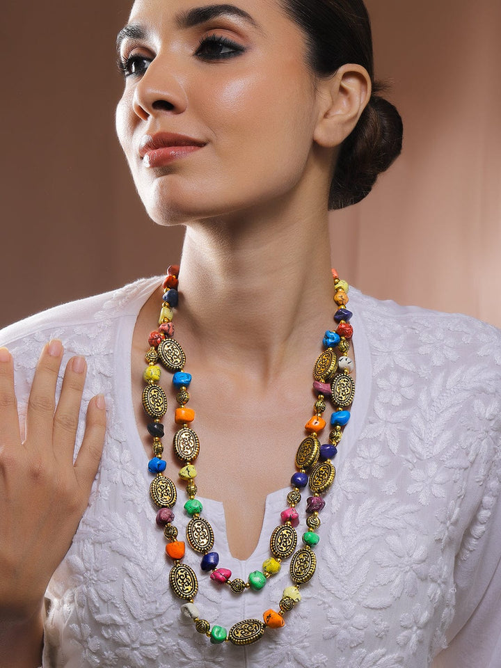 Rubans Oxidized Antique Gold-Plated Dual-Layer Necklace with Turquoise Blue Beads & Tribal Oval Discs Necklace & Chains