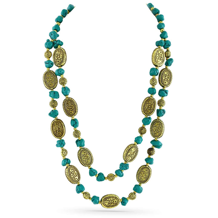 Rubans Oxidized Antique Gold-Plated Dual-Layer Necklace with Turquoise Blue Beads & Tribal Oval Discs Necklace & Chains