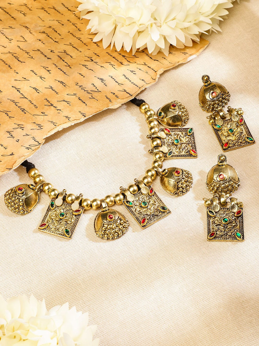 Rubans Oxidized Antique Gold-Plated Tribal Necklace Set with Dome Accent & Red-Green Stone Jewellery Set