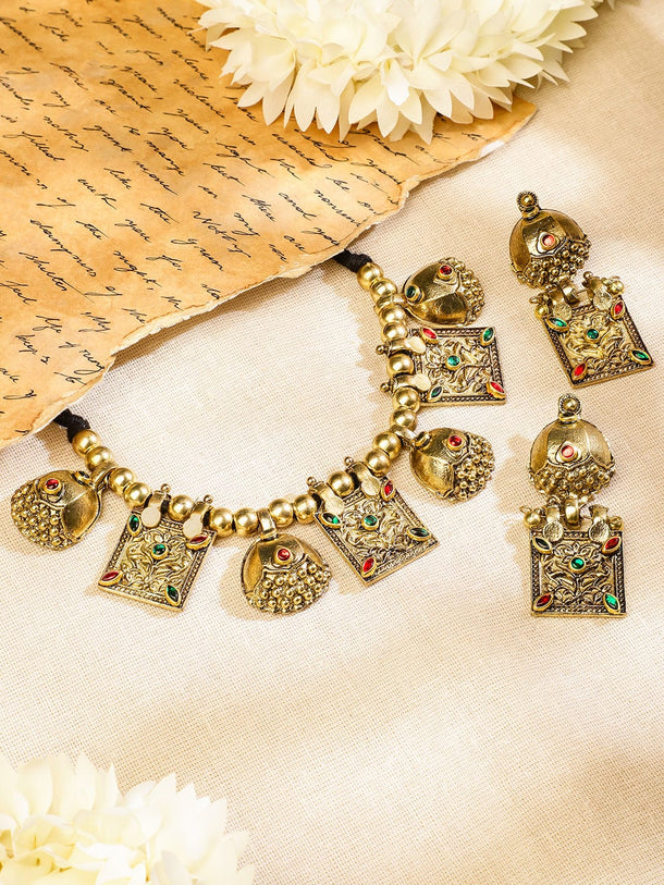 Rubans Oxidized Antique Gold-Plated Tribal Necklace Set with Dome Accent & Red-Green Stone Jewellery Set