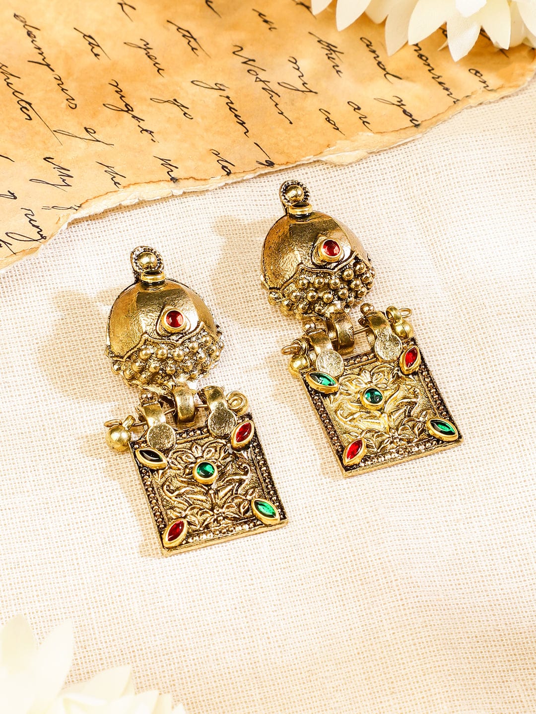Rubans Oxidized Antique Gold-Plated Tribal Necklace Set with Dome Accent & Red-Green Stone Jewellery Set
