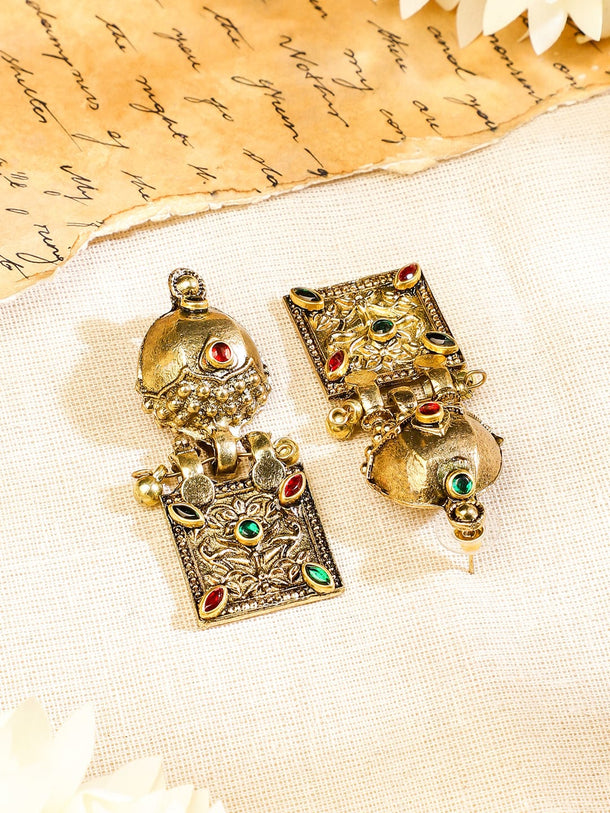 Rubans Oxidized Antique Gold-Plated Tribal Necklace Set with Dome Accent & Red-Green Stone Jewellery Set