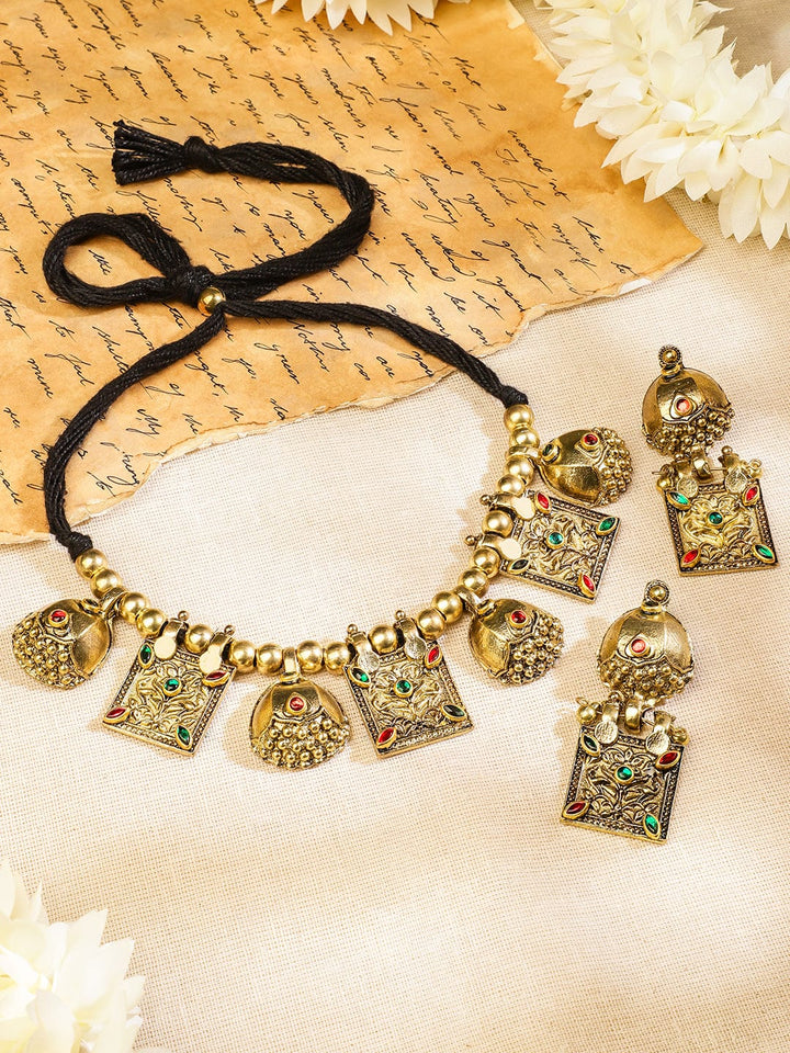 Rubans Oxidized Antique Gold-Plated Tribal Necklace Set with Dome Accent & Red-Green Stone Jewellery Set