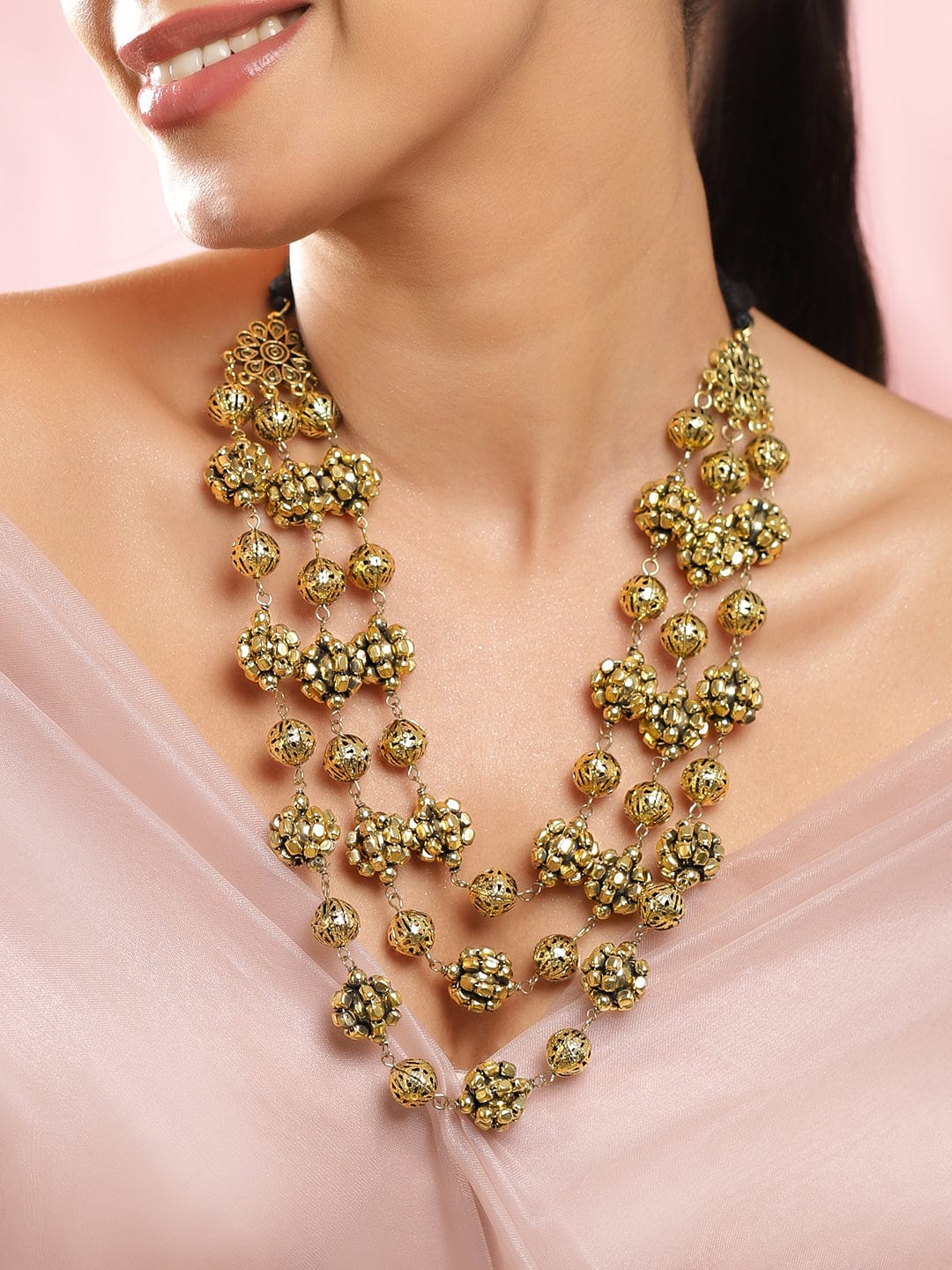 Rubans Oxidized Antique Gold-Plated Triple-Layered Floral Beaded Statement Necklace Necklace & Chain