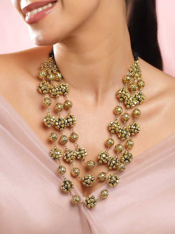 Rubans Oxidized Antique Gold-Plated Triple-Layered Floral Beaded Statement Necklace Necklace & Chain