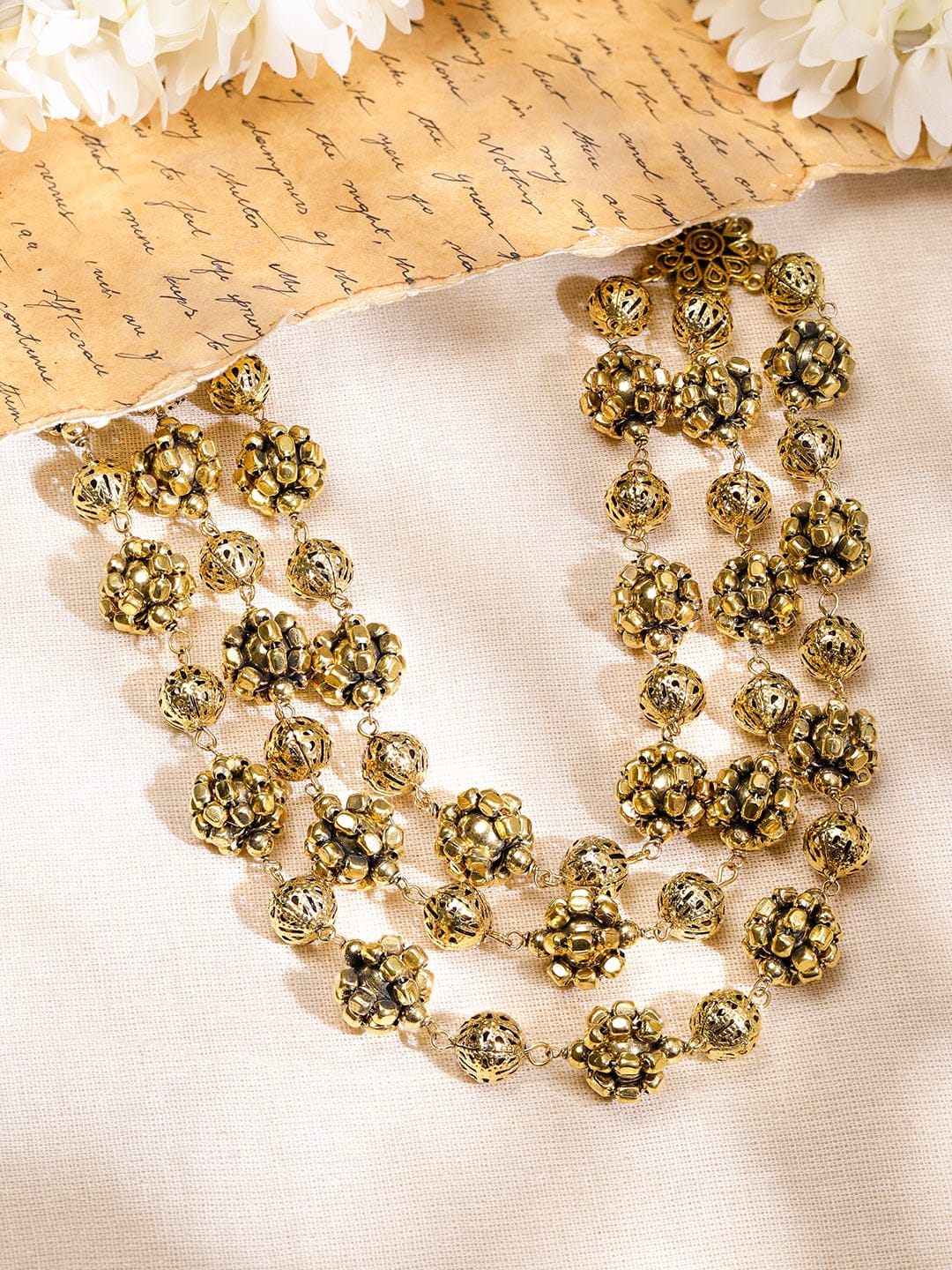Rubans Oxidized Antique Gold-Plated Triple-Layered Floral Beaded Statement Necklace Necklace & Chains