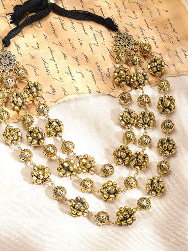 Rubans Oxidized Antique Gold-Plated Triple-Layered Floral Beaded Statement Necklace Necklace & Chains