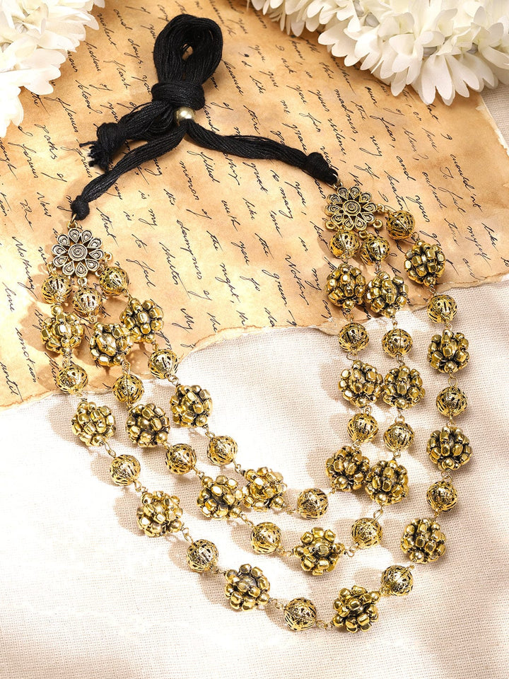 Rubans Oxidized Antique Gold-Plated Triple-Layered Floral Beaded Statement Necklace Necklace & Chains