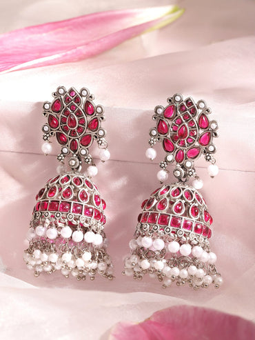 Rubans Oxidized Elegance Pink Stone Jhumka Earrings Earrings