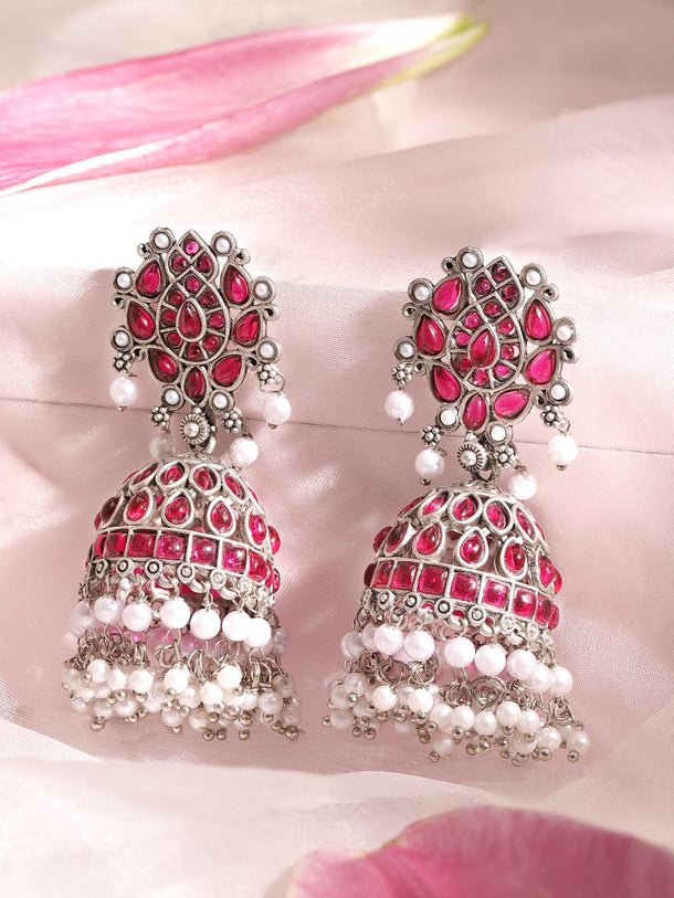 Rubans Oxidized Elegance Pink Stone Jhumka Earrings Earrings