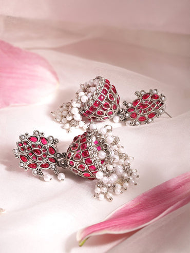 Rubans Oxidized Elegance Pink Stone Jhumka Earrings Earrings
