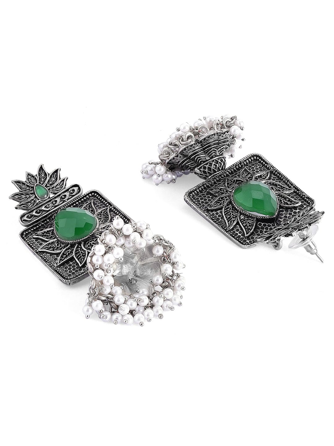 Rubans Oxidized Handcrafted Square Jhumka With Green Stone and White Pearls Earrings