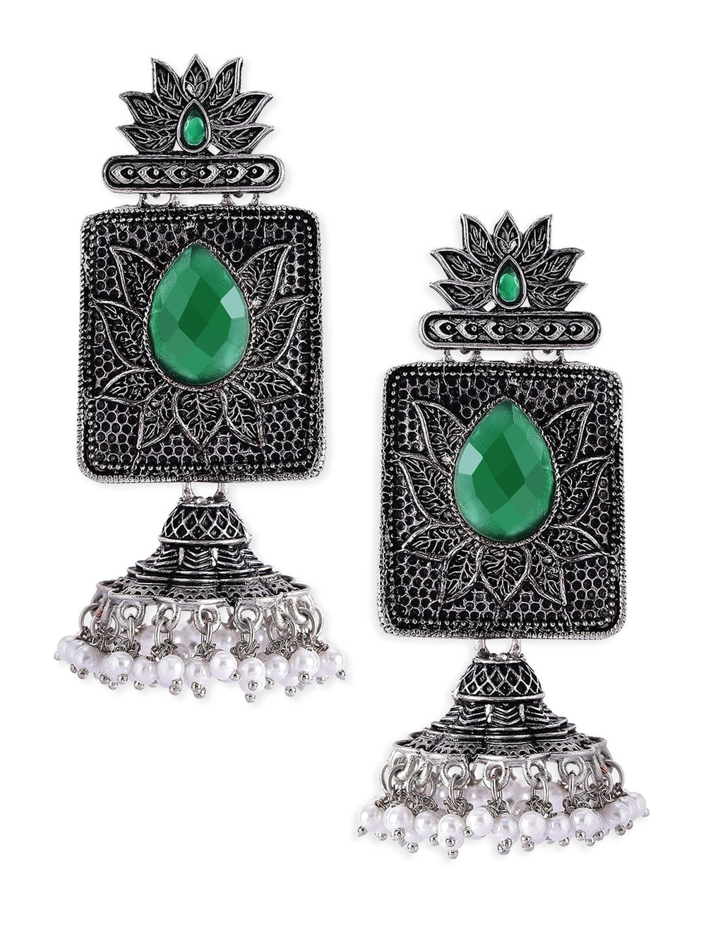 Rubans Oxidized Handcrafted Square Jhumka With Green Stone and White Pearls Earrings