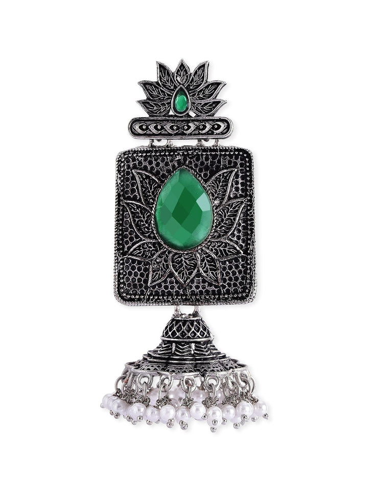 Rubans Oxidized Handcrafted Square Jhumka With Green Stone and White Pearls Earrings