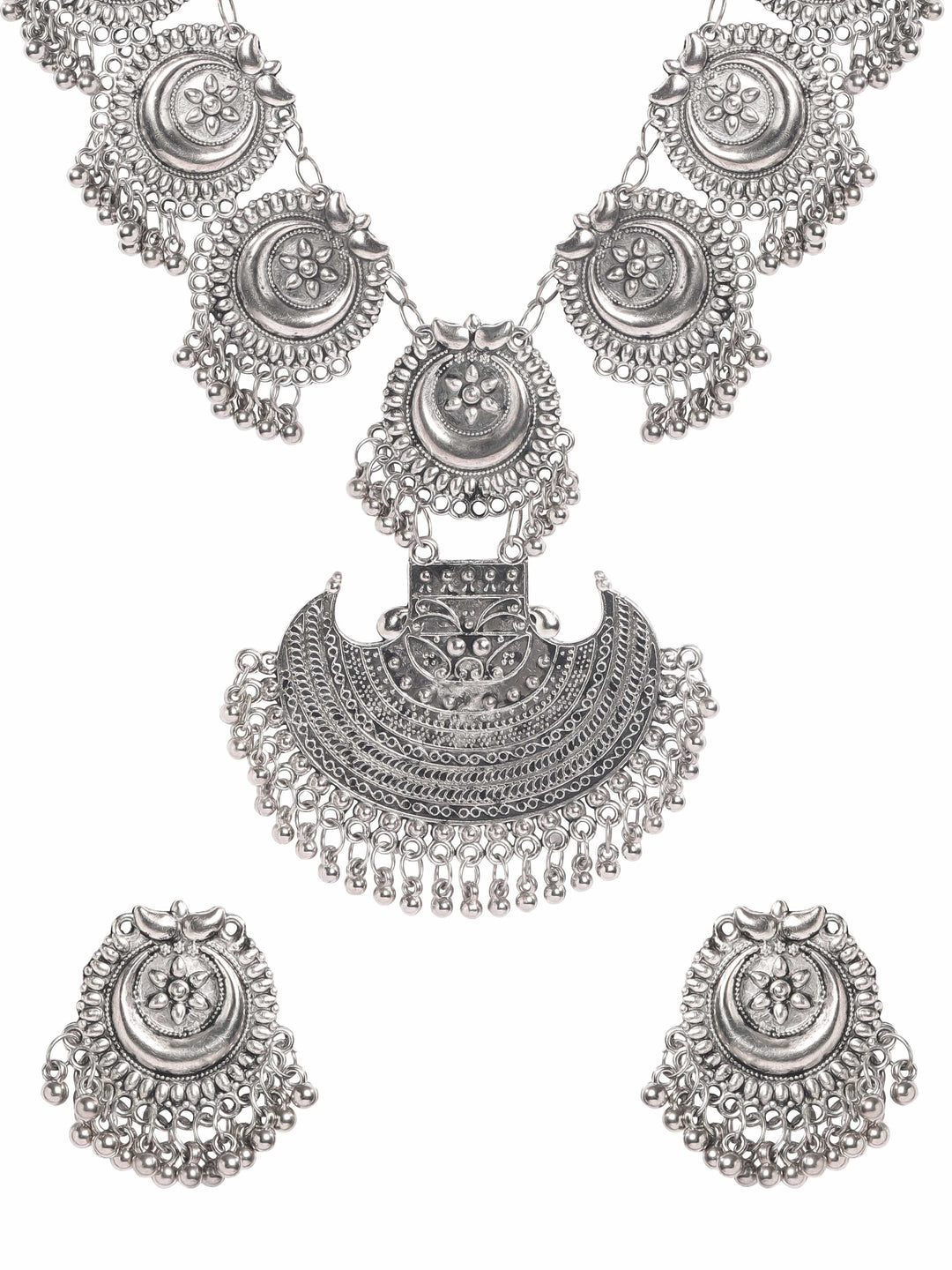 Rubans Oxidized Plated Ghungroo Beaded Crystal Statement Necklace Set Jewellery Sets