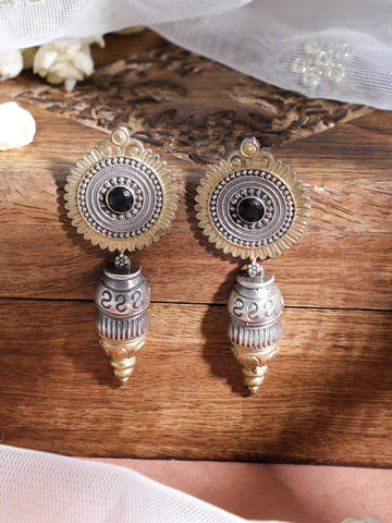 Rubans Oxidized Rhodium Plated Silver Tone Black Stone Studded Classic Drop Earrings Earrings