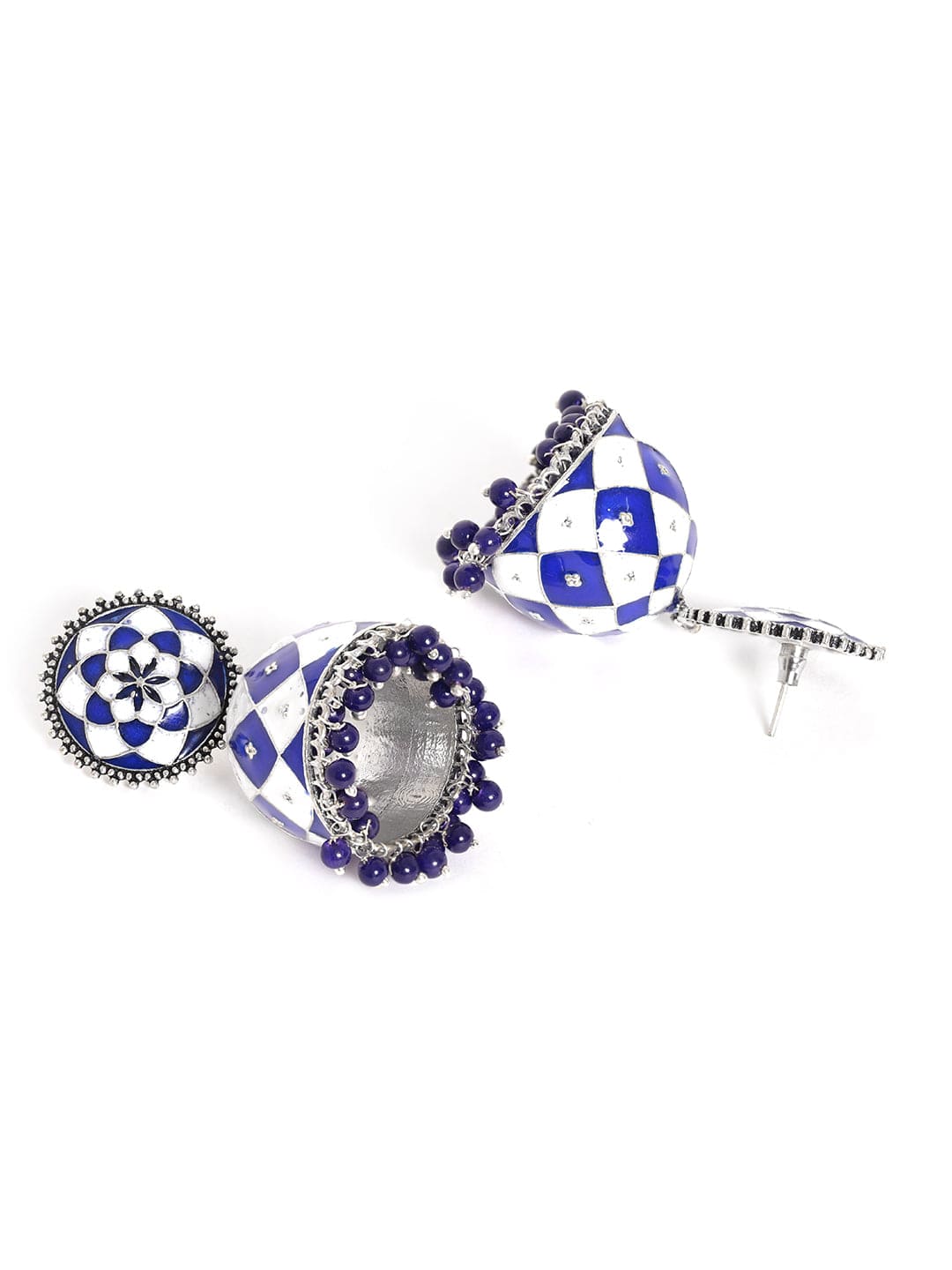 Rubans Oxidized silver Blue & White enamel Blue beaded Statement Jhumka Earrings Earrings