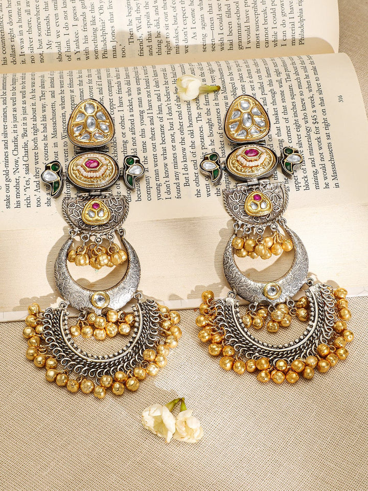 Rubans Oxidized Silver & Gold-Plated Long Chandbali with Kundan, Ruby, Emerald & Gold Beads Chandbali Earrings