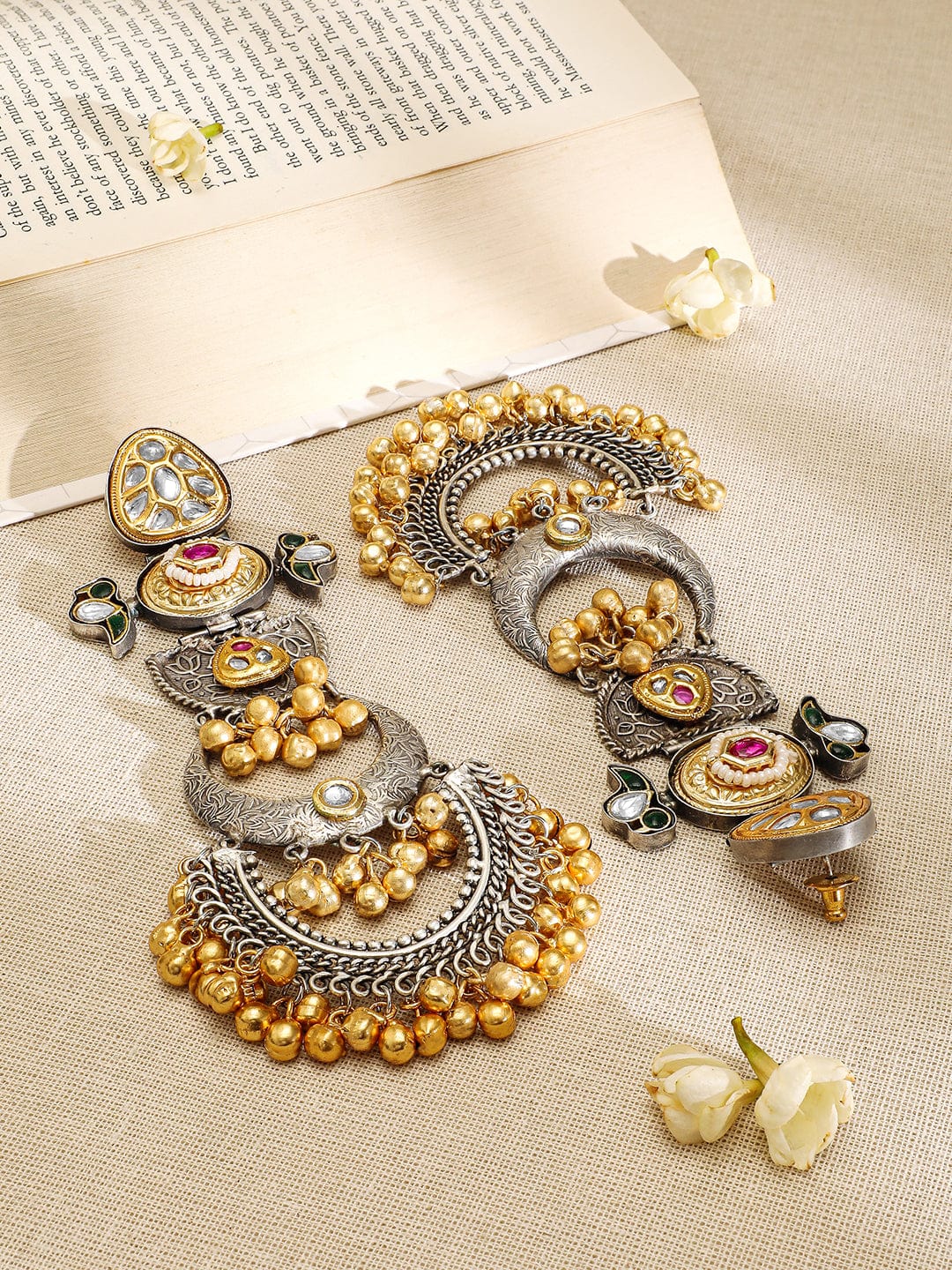 Rubans Oxidized Silver & Gold-Plated Long Chandbali with Kundan, Ruby, Emerald & Gold Beads Chandbali Earrings