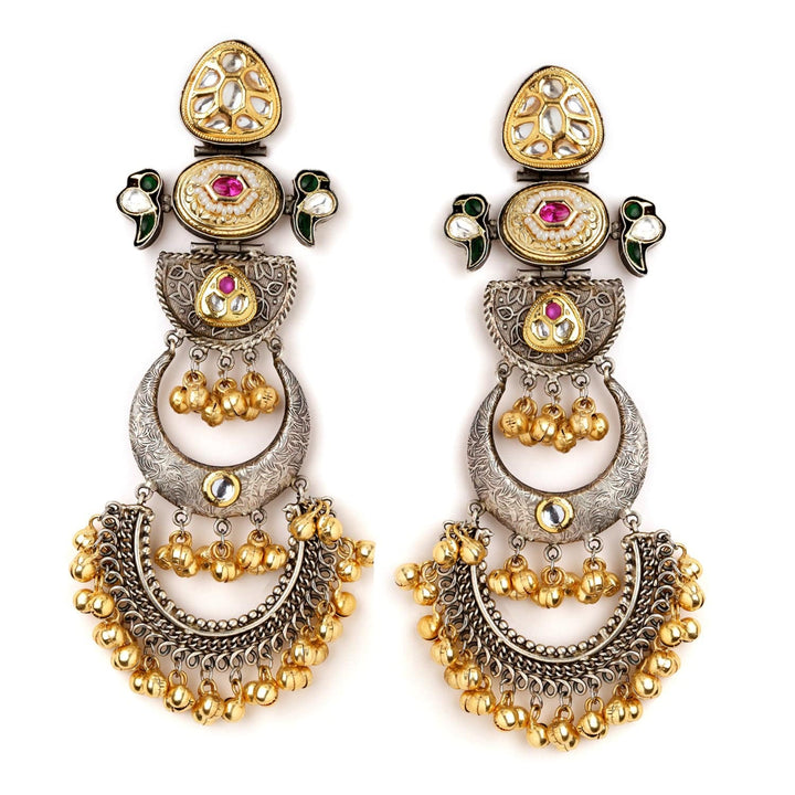 Rubans Oxidized Silver & Gold-Plated Long Chandbali with Kundan, Ruby, Emerald & Gold Beads Chandbali Earrings