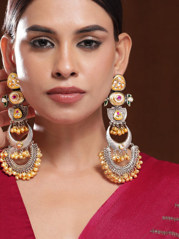 Rubans Oxidized Silver & Gold-Plated Long Chandbali with Kundan, Ruby, Emerald & Gold Beads Chandbali Earrings