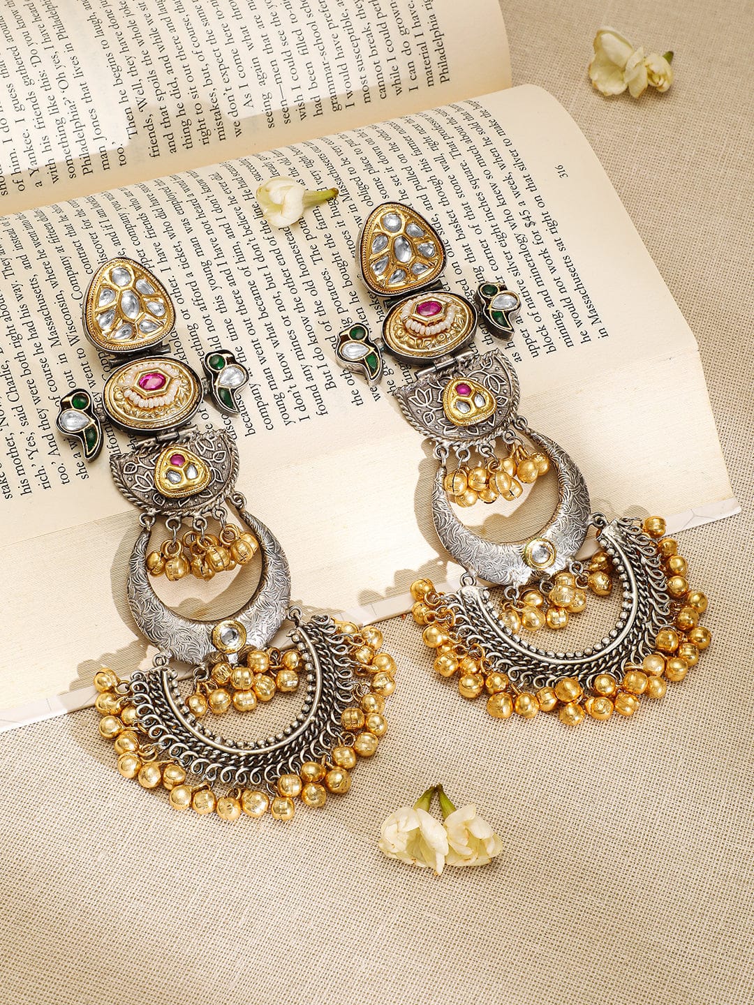 Rubans Oxidized Silver & Gold-Plated Long Chandbali with Kundan, Ruby, Emerald & Gold Beads Chandbali Earrings