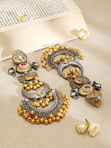 Rubans Oxidized Silver & Gold-Plated Long Chandbali with Kundan, Ruby, Emerald & Gold Beads Earrings