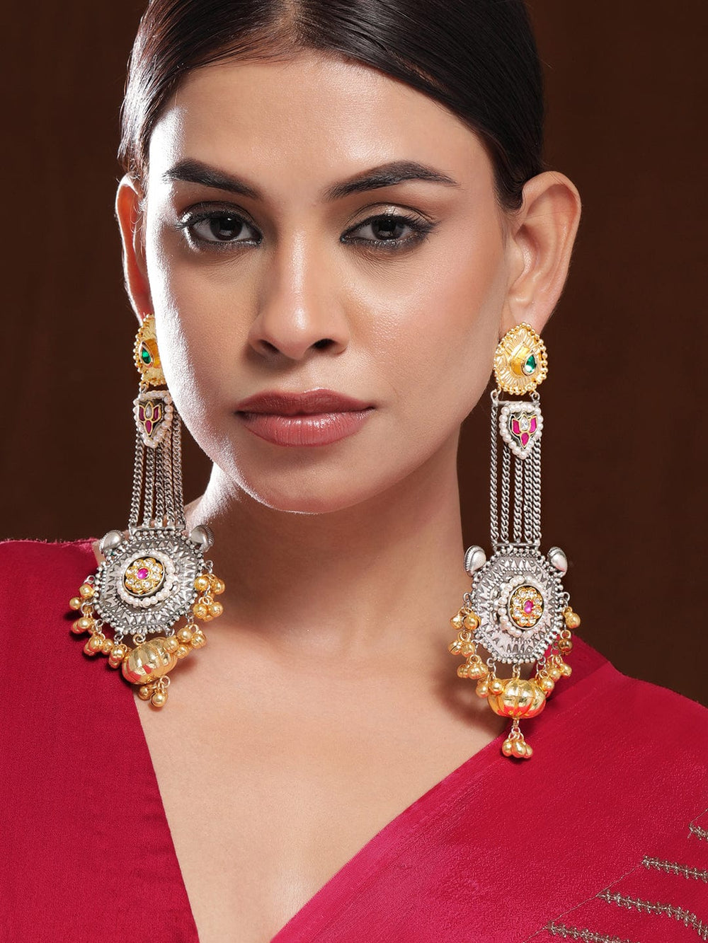 Rubans Oxidized Silver & Gold-Plated Long Dangle Earrings with Ruby, Emerald & Gold Bead Accents Earrings