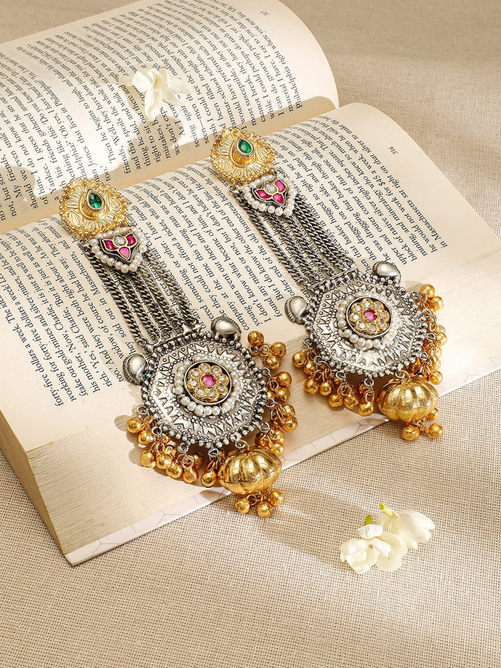 Rubans Oxidized Silver & Gold-Plated Long Dangle Earrings with Ruby, Emerald & Gold Bead Accents Earrings