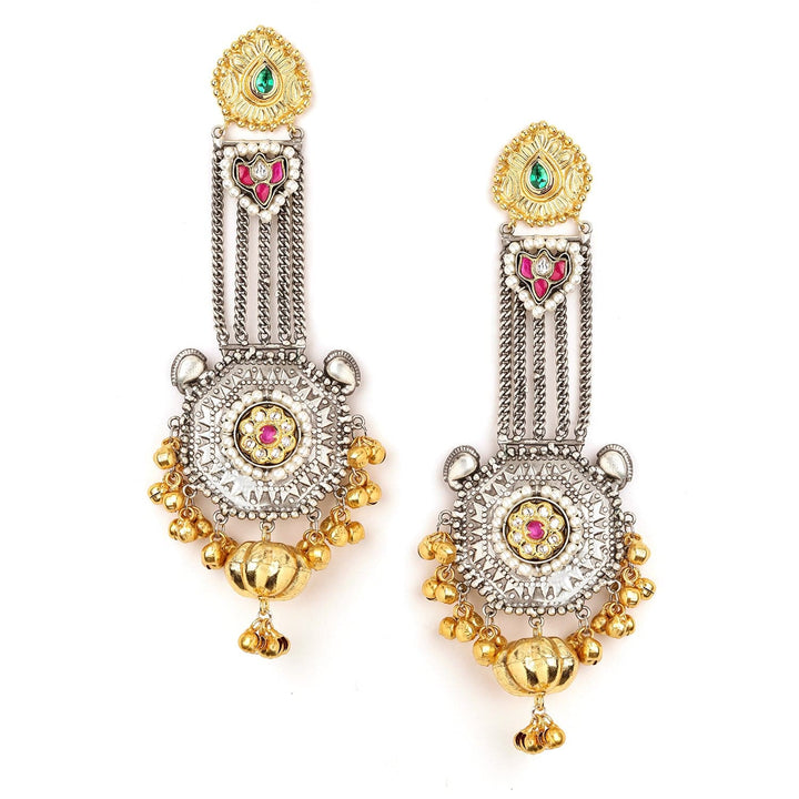 Rubans Oxidized Silver & Gold-Plated Long Dangle Earrings with Ruby, Emerald & Gold Bead Accents Earrings