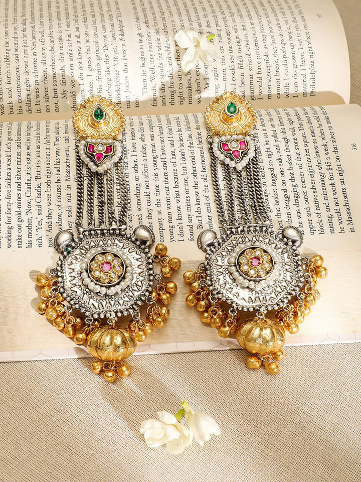 Rubans Oxidized Silver & Gold-Plated Long Dangle Earrings with Ruby, Emerald & Gold Bead Accents Earrings