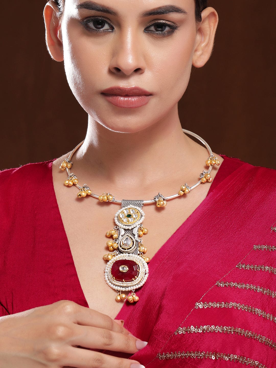 Rubans Oxidized Silver & Gold Plated Ruby Red & White Cubic Zirconia Studded Statement Necklace with Golden Beads Jewellery Set