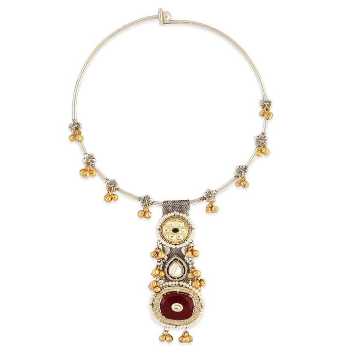 Rubans Oxidized Silver & Gold Plated Ruby Red & White Cubic Zirconia Studded Statement Necklace with Golden Beads Jewellery Set