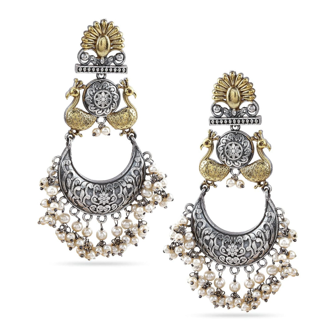 Rubans Oxidized Silver & Gold-Plated Statement Peacock Motif Chandelier with Pearl Drops Chandelier Earrings