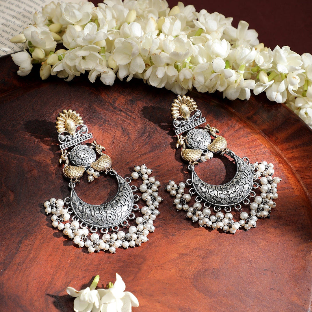 Rubans Oxidized Silver & Gold-Plated Statement Peacock Motif Chandelier with Pearl Drops Chandelier Earrings