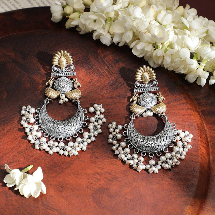 Rubans Oxidized Silver & Gold-Plated Statement Peacock Motif Chandelier with Pearl Drops Chandelier Earrings