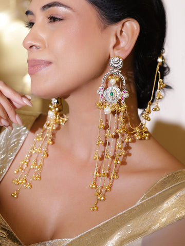Rubans Oxidized Silver & Gold-Plated Stone & Golden Beads Chains Long Dangle Earrings Earrings