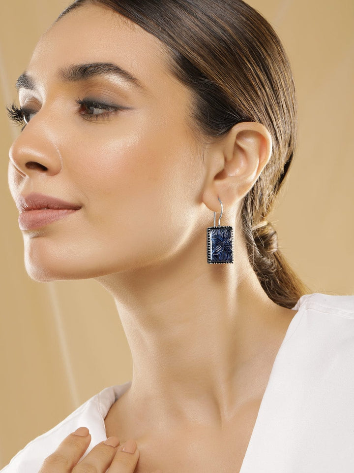 Rubans Oxidized Silver Handcrafted Carved Blue Gem Stone Studded Drop Earring Earrings