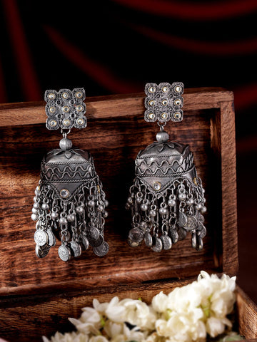 Rubans Oxidized silver pearl beaded statement Contemporary Jhumka Earrings Earrings