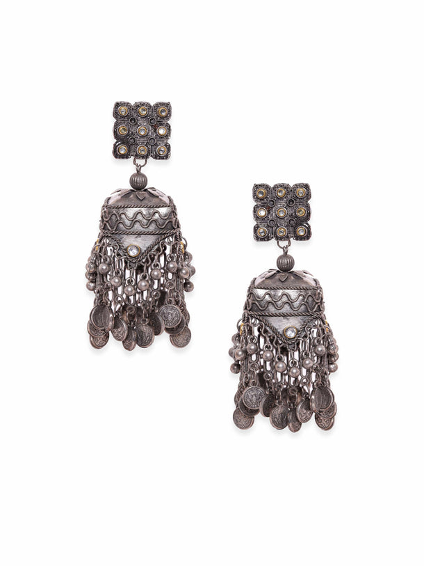 Rubans Oxidized silver pearl beaded statement Contemporary Jhumka Earrings Earrings