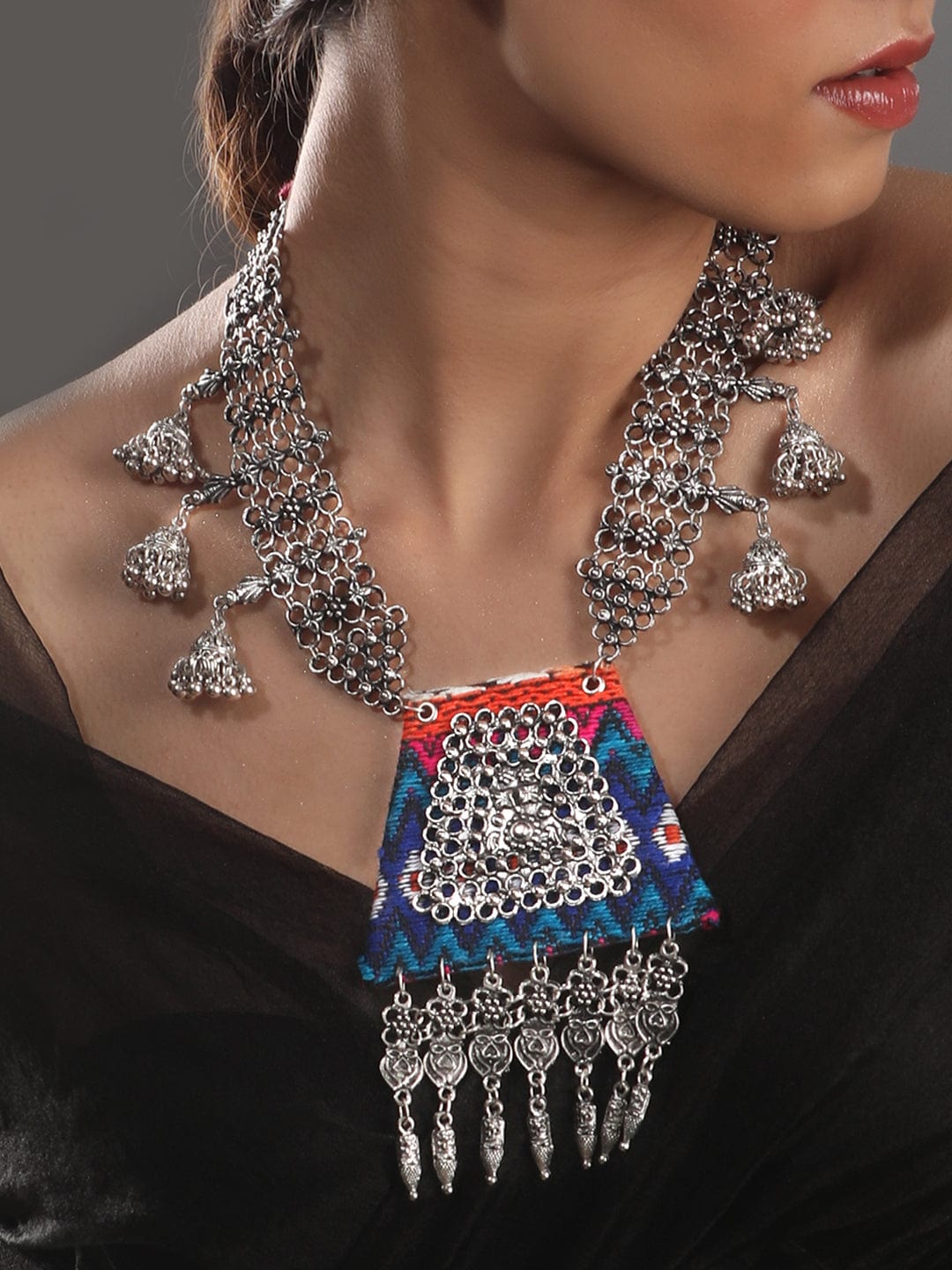 Rubans Oxidized Silver Plated Beaded & Threaded Statement Long Necklace Necklaces, Necklace Sets, Chains & Mangalsutra