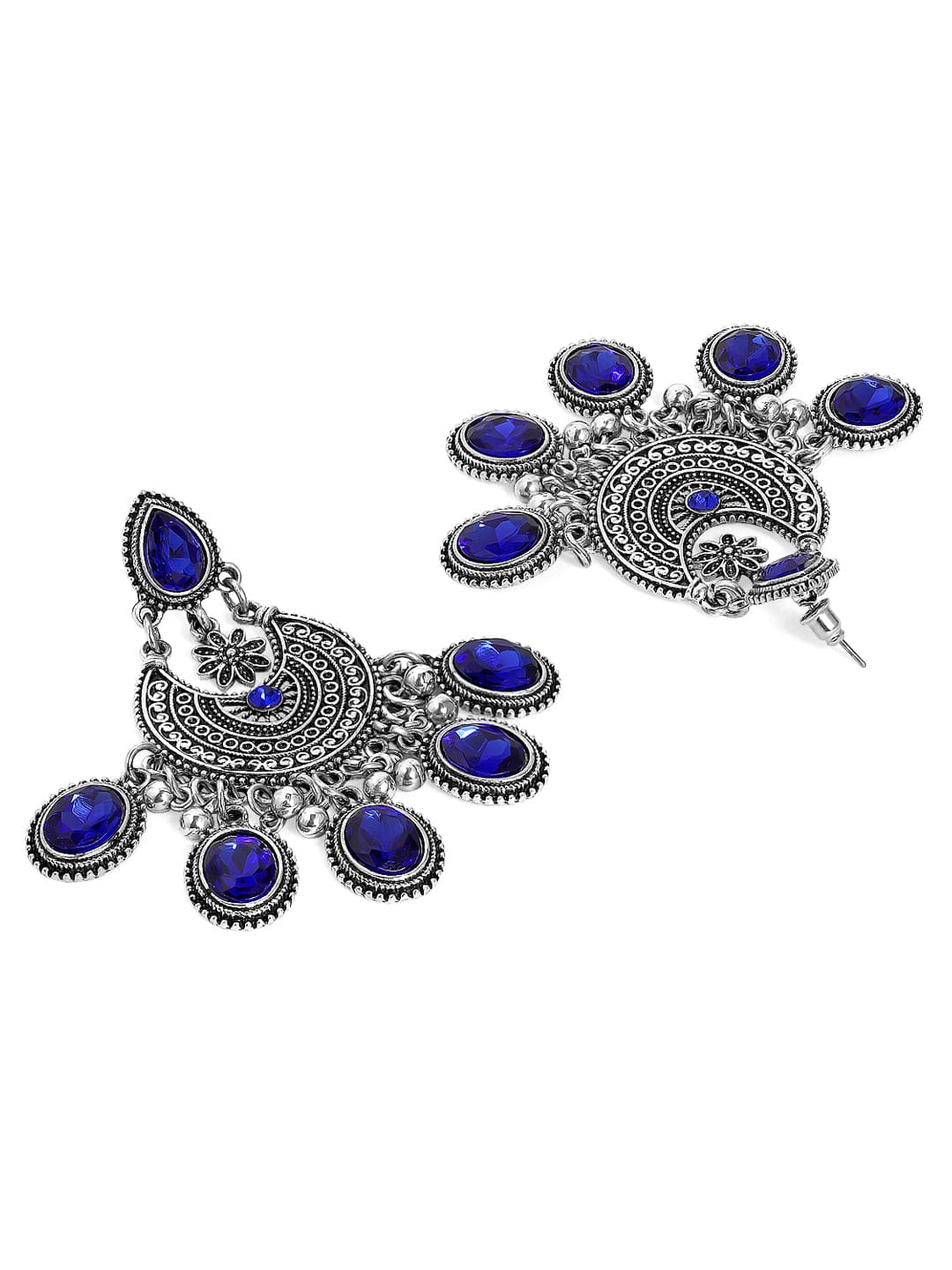 Rubans Oxidized Silver-Plated Blue AD Stone Studded Chandelier Earrings Chandelier Earrings