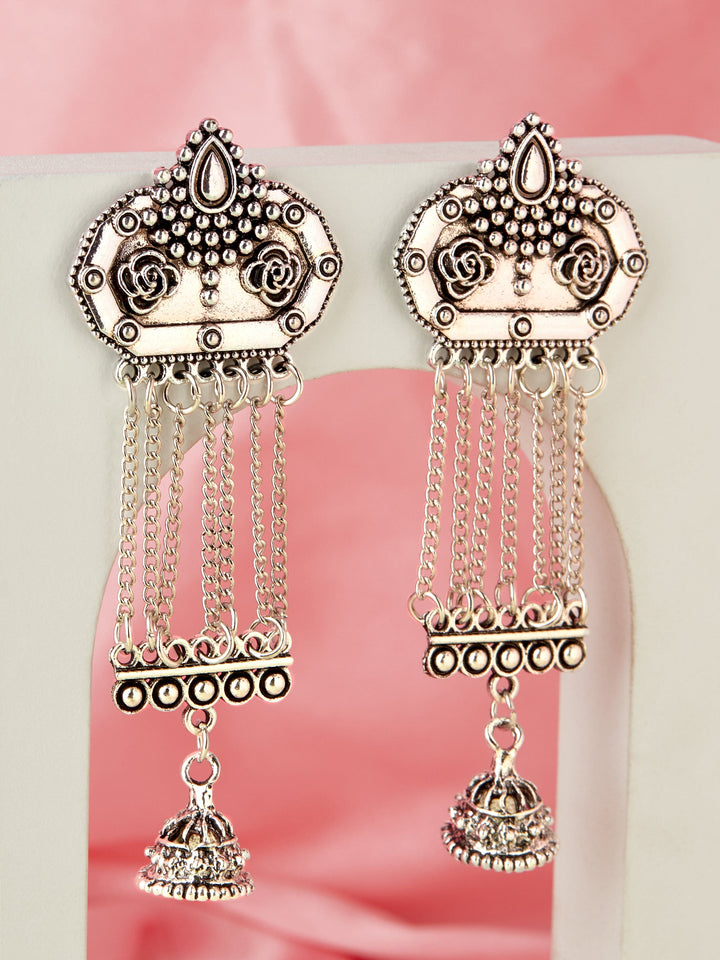 Rubans Oxidized Silver-Plated Chain Tassel Earrings with Jhumka Drops Jhumka Earrings