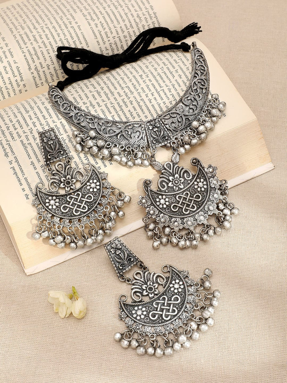 Rubans Oxidized Silver-Plated Crescent Motif Choker Necklace Set with Silver Beads & Floral & Intricate Detailing Jewellery Set