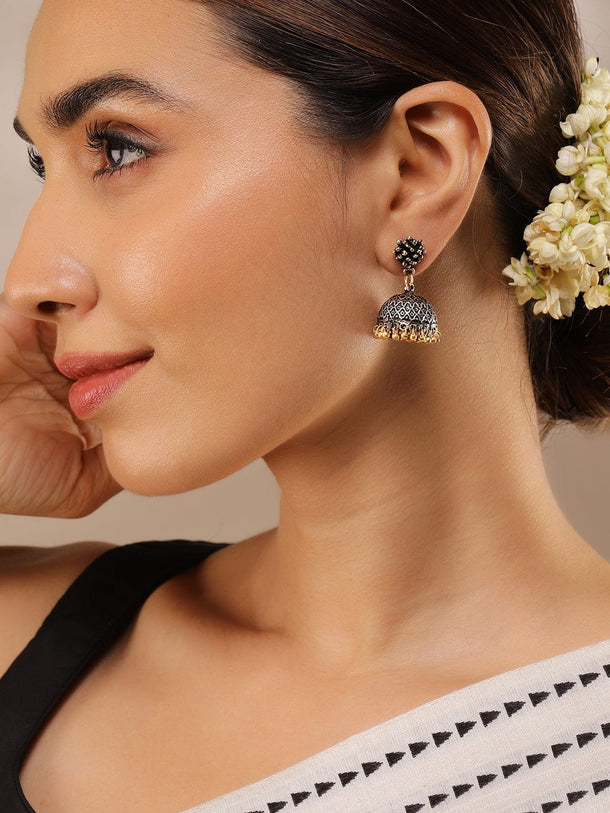 Rubans Oxidized Silver-Plated Dual-Tone Jhumka Earrings with Gold Beaded Drops Jhumka Earrings
