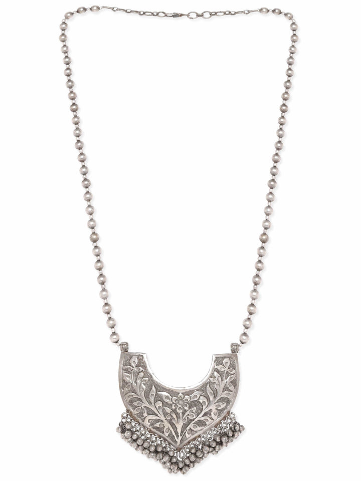 Rubans Oxidized Silver Plated Embossed Statement Pendant & ghungroo detail Long Necklace Necklace
