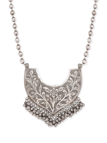 Rubans Oxidized Silver Plated Embossed Statement Pendant & ghungroo detail Long Necklace Necklace