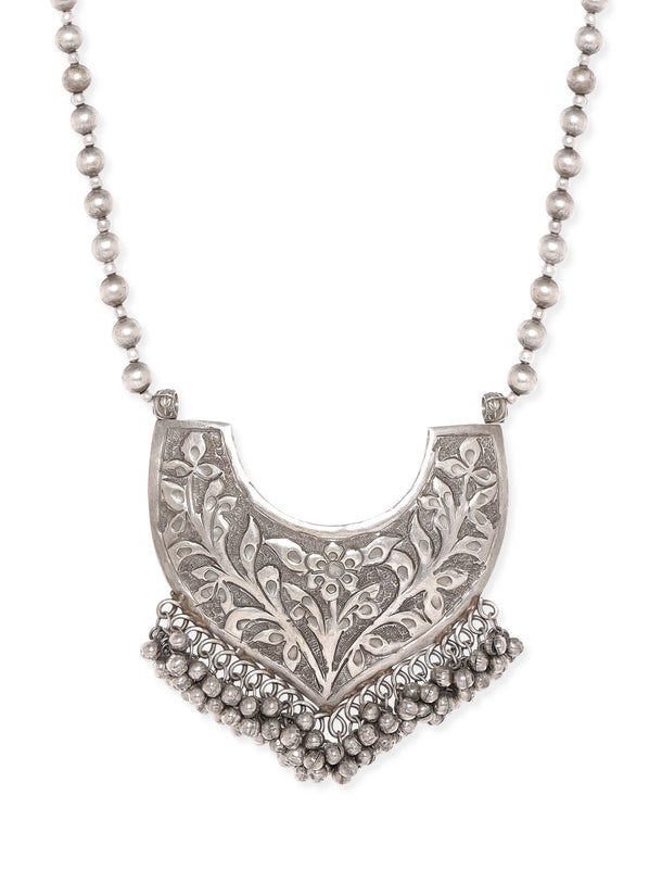 Rubans Oxidized Silver Plated Embossed Statement Pendant & ghungroo detail Long Necklace Necklace