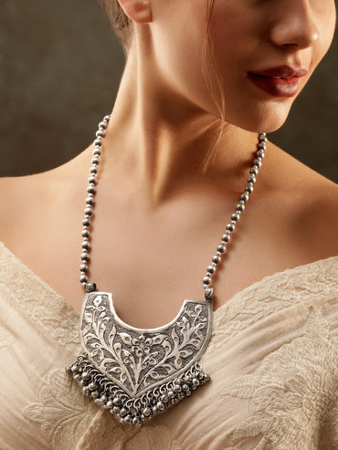 Rubans Oxidized Silver Plated Embossed Statement Pendant & ghungroo detail Long Necklace Necklace