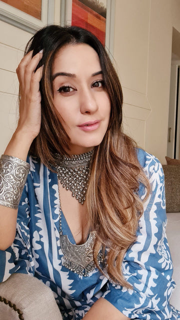 Rubans Oxidized Silver Plated Embossed Statement Pendant & ghungroo detail Long Necklace Necklace